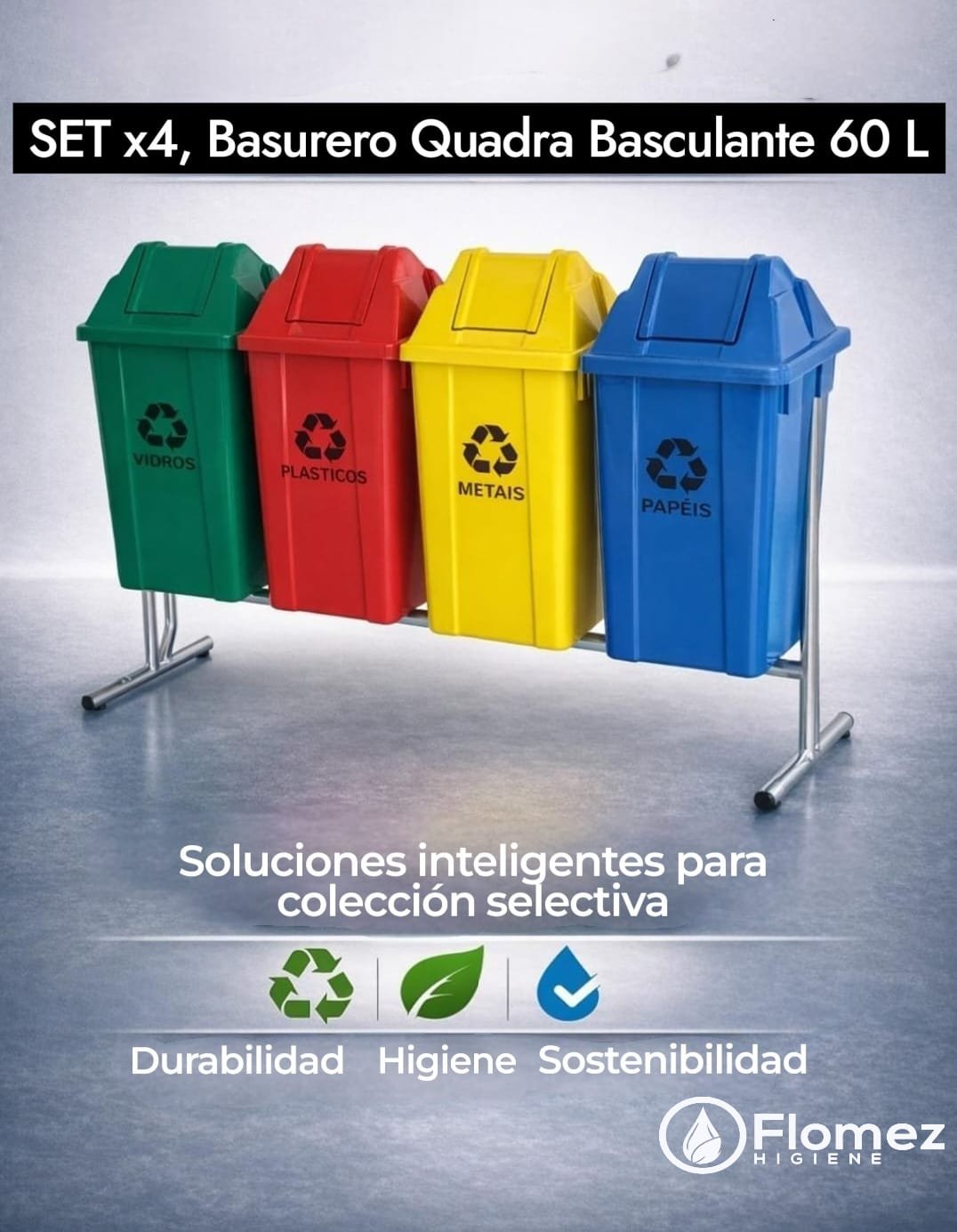 Soporte Set x 4, Basureros Quadra Basculante, 60 L