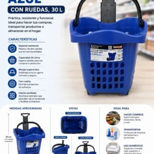 Canasta mercado azul con ruedas, 30 L