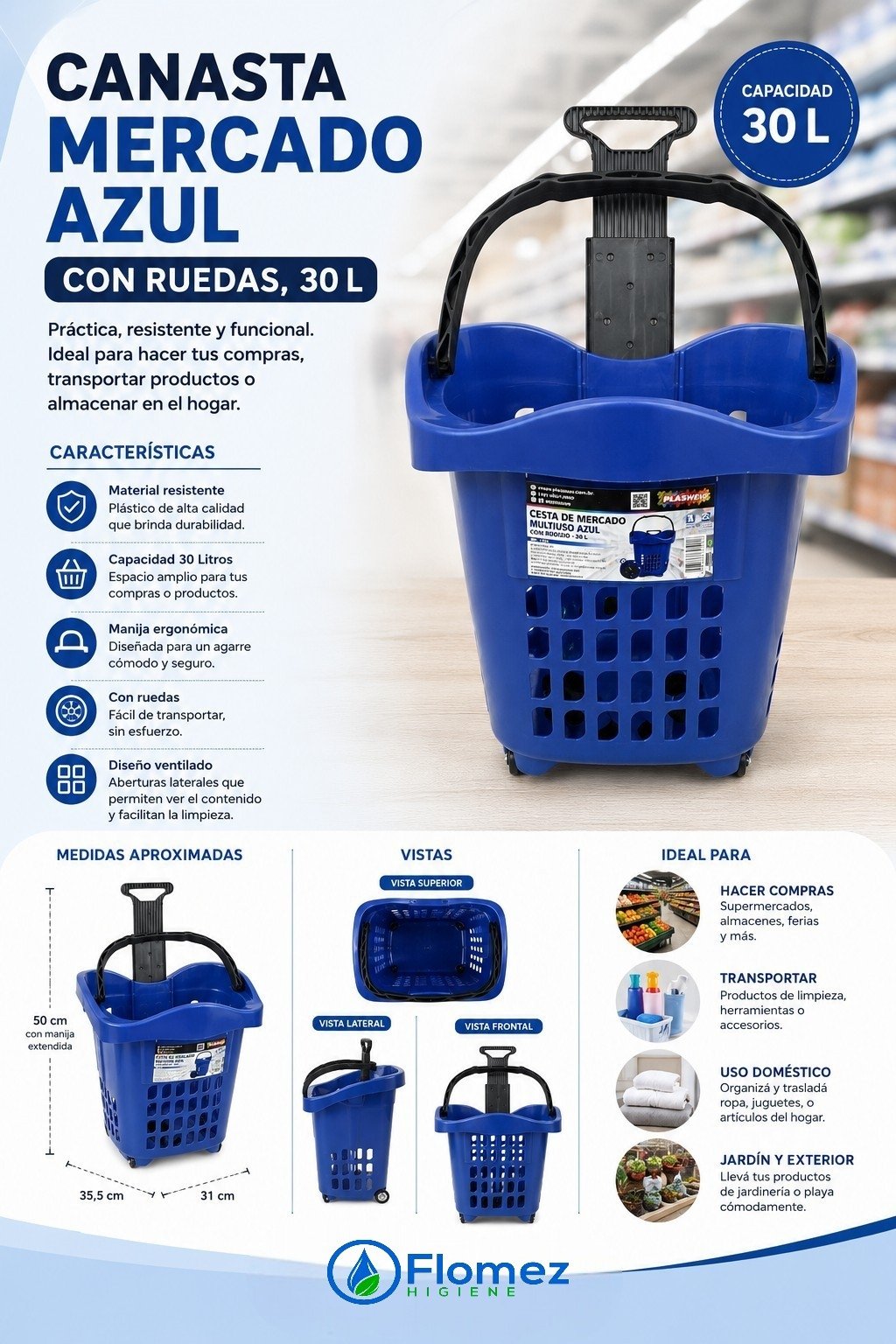 Canasta mercado azul con ruedas, 30 L