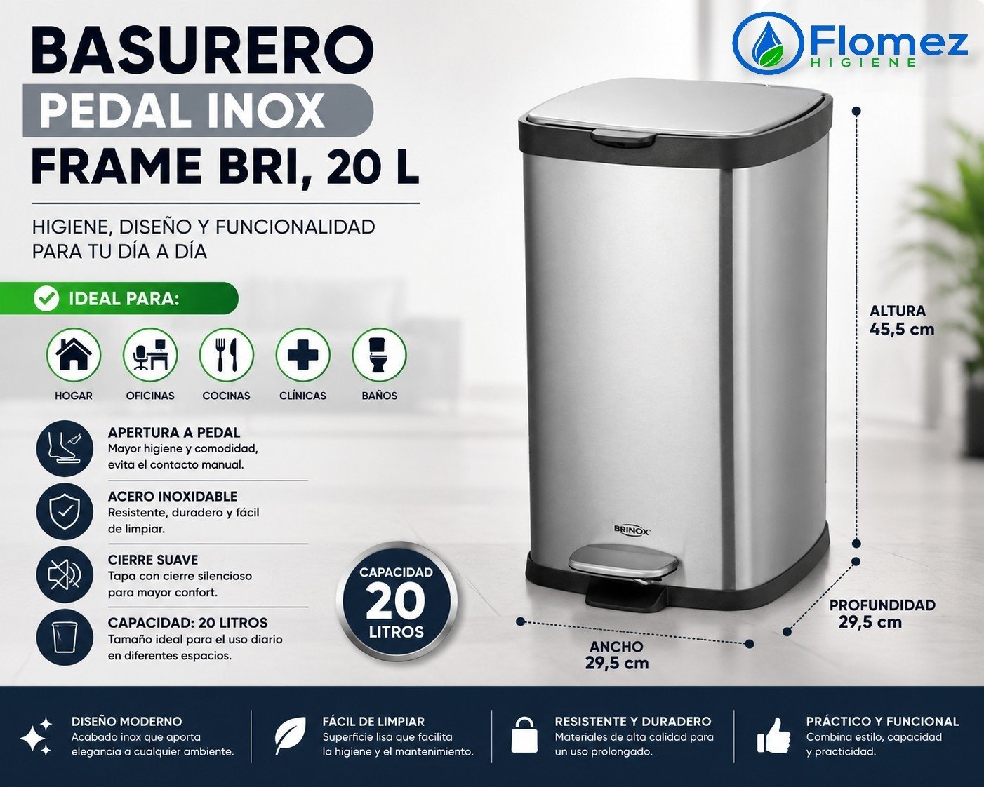 Basurero pedal inox frame bri, 20 L