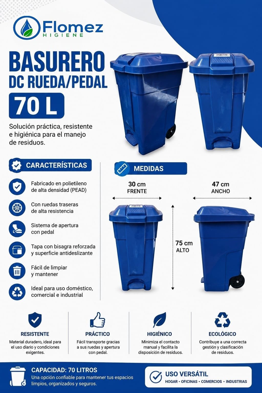 Basurero DC rueda/pedal, 70 Lts