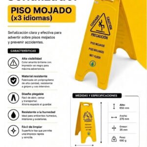 Cartel señalizador piso mojado, x3 idiomas