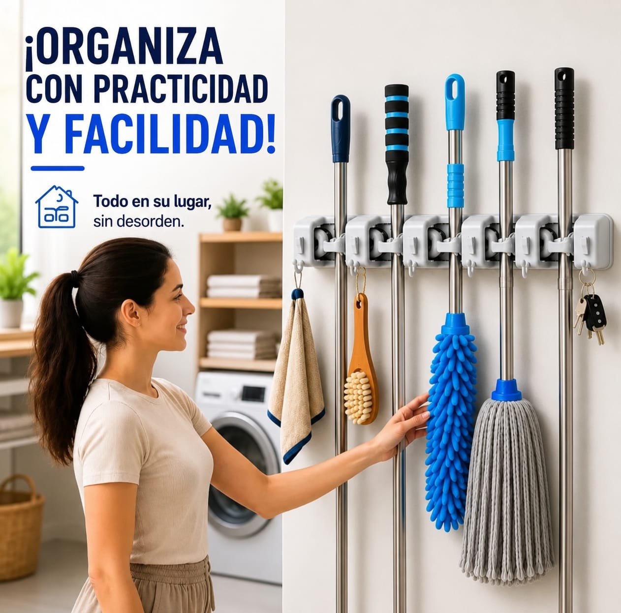 Soporte porta escobas multiuso 5 poses x6 ganchos.